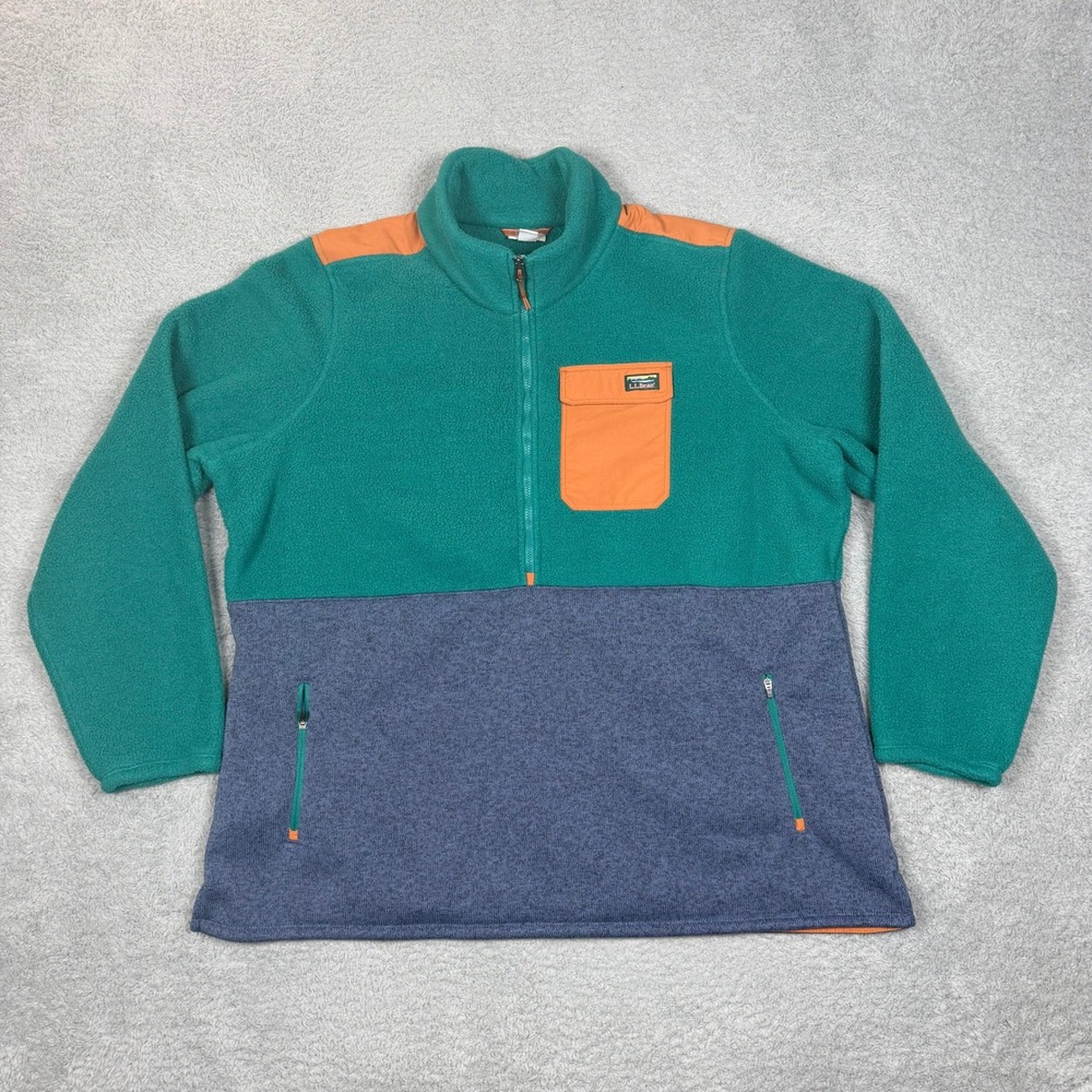 LL Bean Womens 2X Plus Half Zip Fleece Colorblock Pullover Green Blue 518371